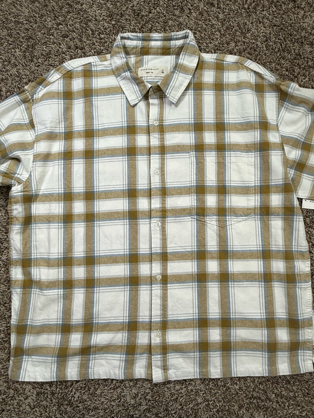 Aeropostale White and Tan Plaid Button-Down Shirt